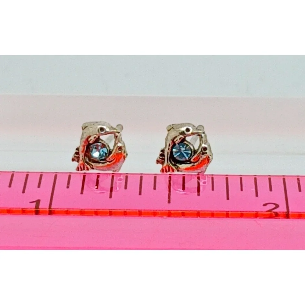 Sterling Silver 925 Dolphin Stud‎ Earrings Blue Crystal Nautical Vintage Jewelry